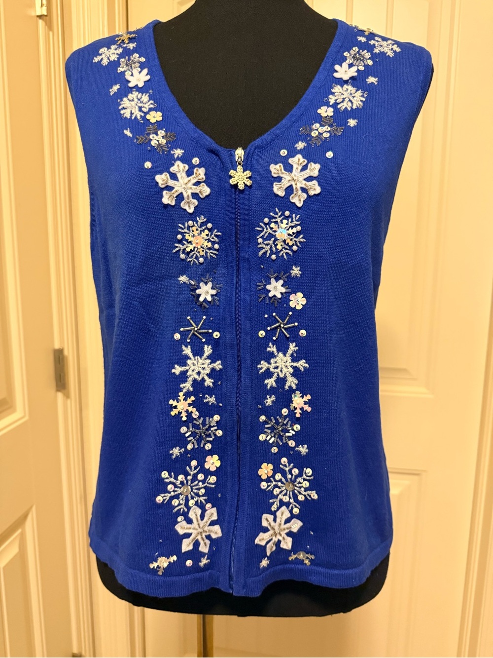Vintage Blue Embellished Snowflake Zip Front Women’s Vest